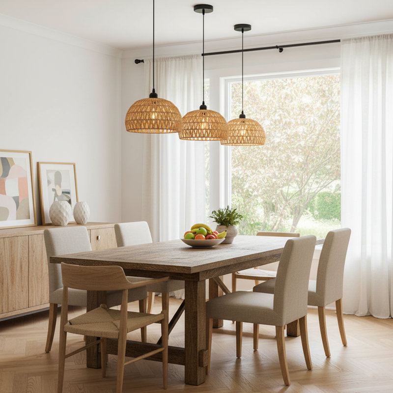 Rattan Pendant Light, Boho Farmhouse Chandelier For Kitchen Island, Dining Room, Bedroom