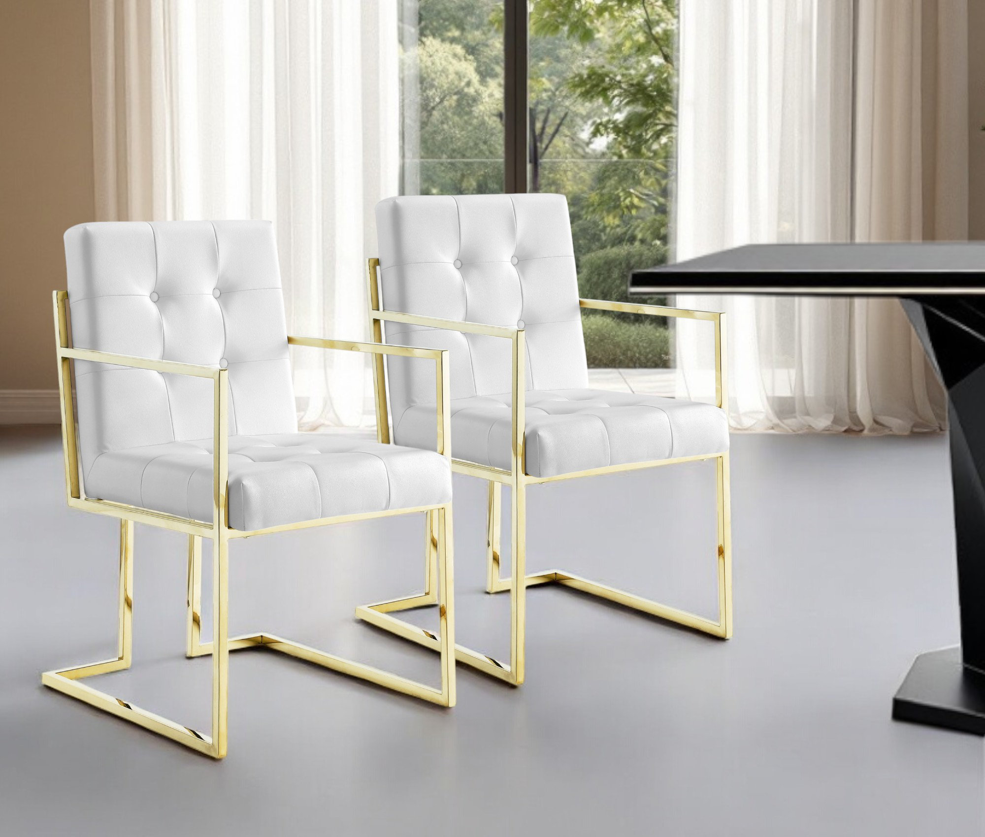 HomeRoots Set of Two Tufted White and Gold Upholstered Faux Leather ...
