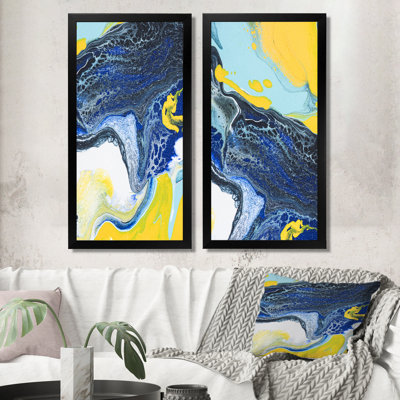 «Dark Blue and Yellow Marble Art», ensemble de 2 peintures sur toiles