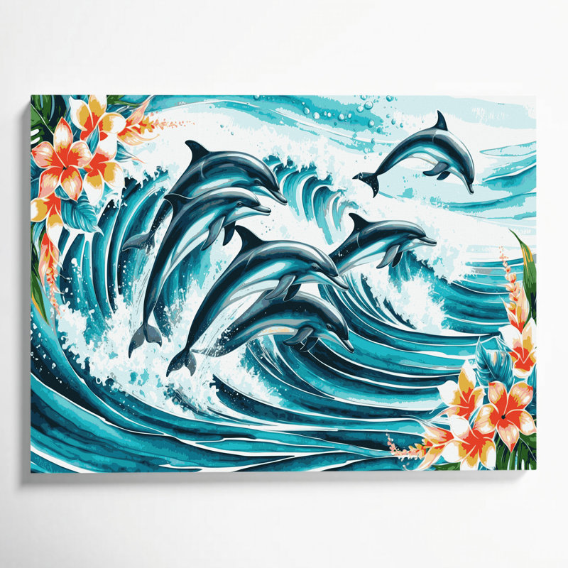 «Hawaiian Leaping Dolphins», art mural sur toile bleue, H 24 po x l 36 po