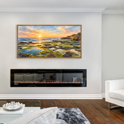 Sunlit Coastal Tide Pools at Sunset Panoramic Framed Canvas Wall Art for Living Room Wall Decor 60x30 Inch