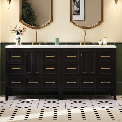 Ensemble de meuble-lavabo 72 po avec lavabo en résine, armoire de rangement en bois massif, ensemble de meuble-lavabo autoportant avec 5 tiroirs et portes à fermeture douce