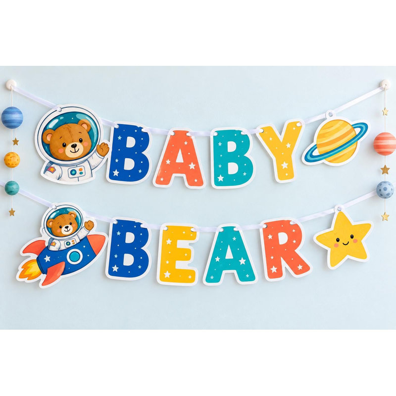 Astronaut Teddy Bear Baby Shower Banner, Space Rocket Garland (Cardstock)