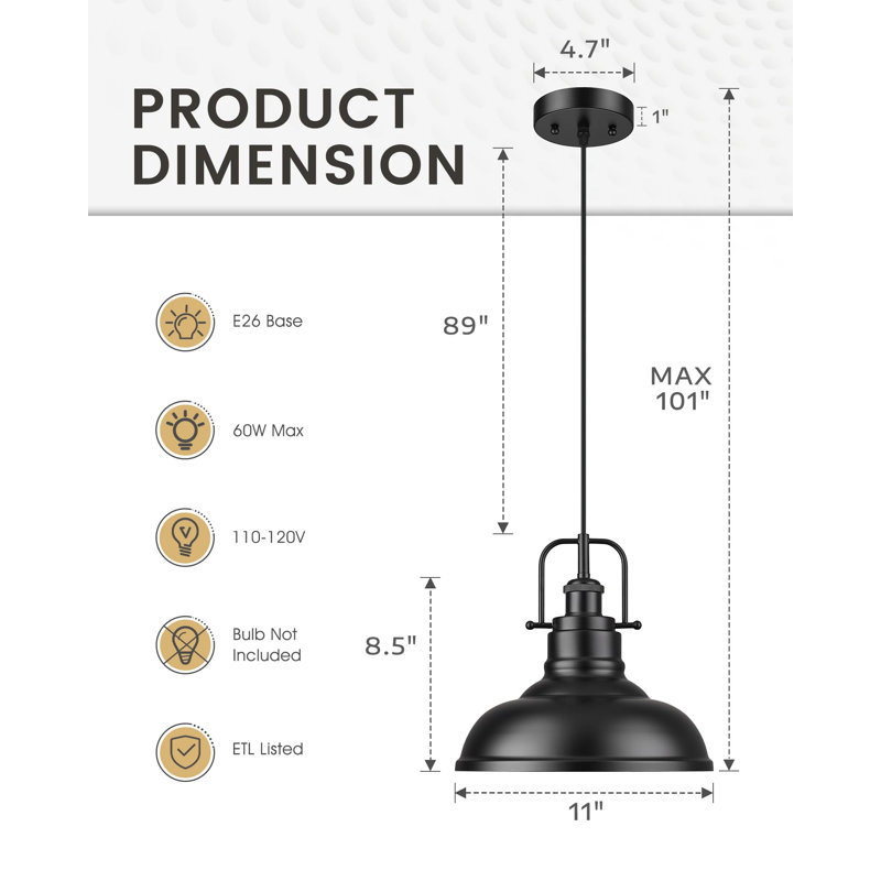 Luminaire suspendu dôme industriel 1 lumière, 101" H x 11" W x 11" D