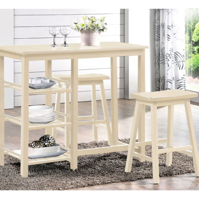 Ensemble de salle à manger à 3 comptoirs. Table avec 3 tablettes ouvertes. Tabourets confortables. Pieds en bois robustes. Convient aux petits espaces ombragés. Tablettes pour l'organisation. Tabourets confort. Fabrication en bois. Idéal