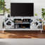Meuble télé en miroir pour téléviseur de 65 pouces et plus, console avec rangement ouvert et 2 armoires de rangement, portes miroir en forme de diamant pour le salon (l 59 po x H 25,2 po x P 15,7 po)