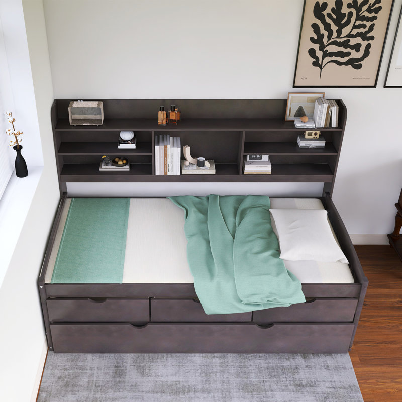 Wooden Daybed With Bookshelves, Storage Drawers And Trundle, Twin, Dark Gray