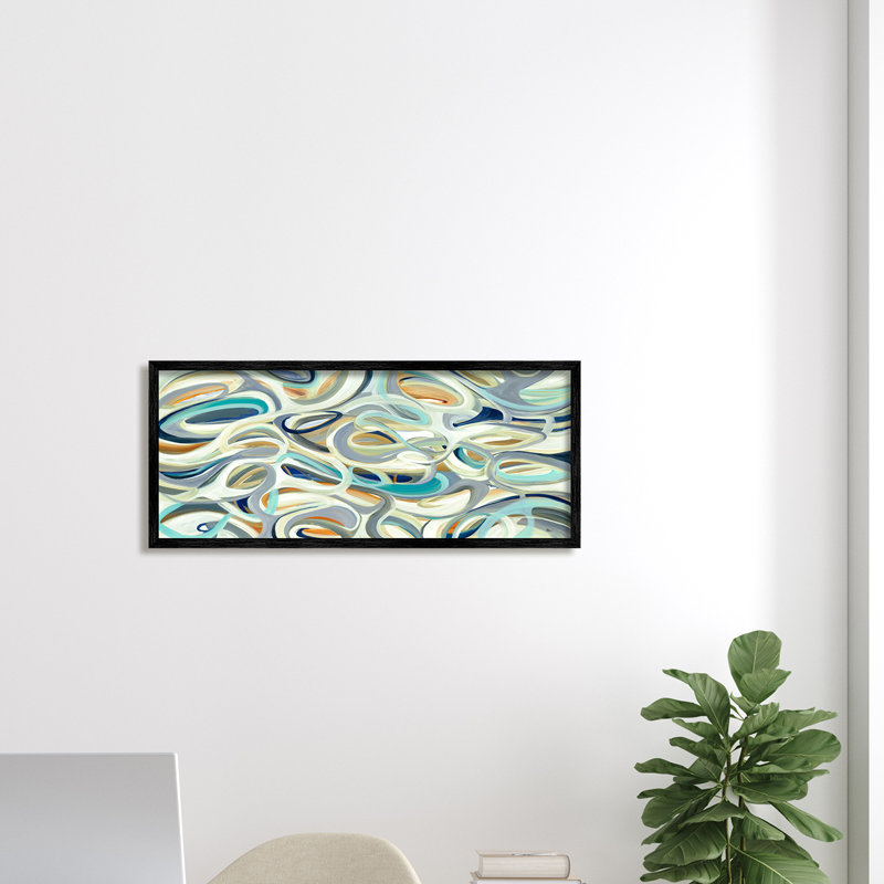 Mouvement de couches de courbes de tons nautiques - Peinture, H 13 po x l 30 po, Giclée encadrée blanc bord de mer