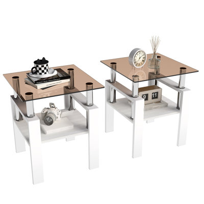 2 - Piece Of Tempered Glass Coffee Tables, White, 17.83" Dimensions, Square For Living Room, Layer, Surface Modern Tea With 17.83"L X 17.83 "W 20.5 "H, Elegant And Functional