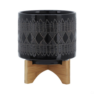 Ceramic 8" Aztec Planter On Wooden Stand