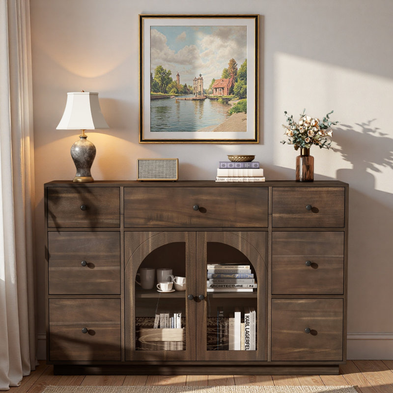 Buffet avec 2 portes, 7 tiroirs et tablette réglable, Marron foncé