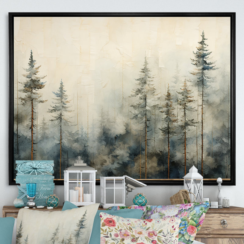 Minimalisme forêt de pins d'hiver - décoration murale forêt, Cadre flottant noir, H 34 po x l 44 po x P 1,5 po