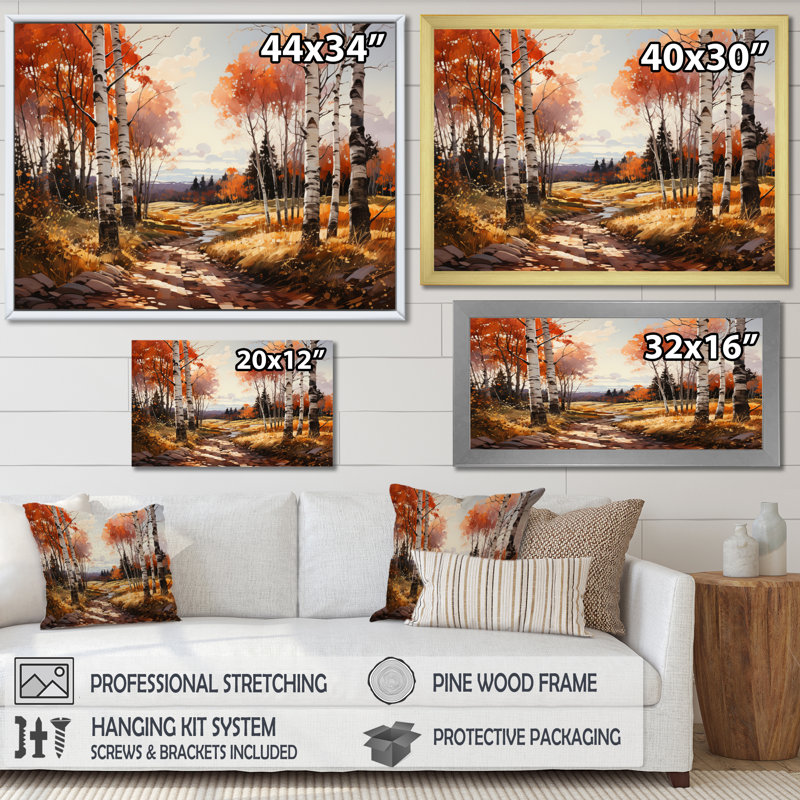 Birch Woods Gilded Pathway V - Tree Birch Wall Art Prints, Cadre photo noir, H 34 po x l 44 po x P 1,5 po