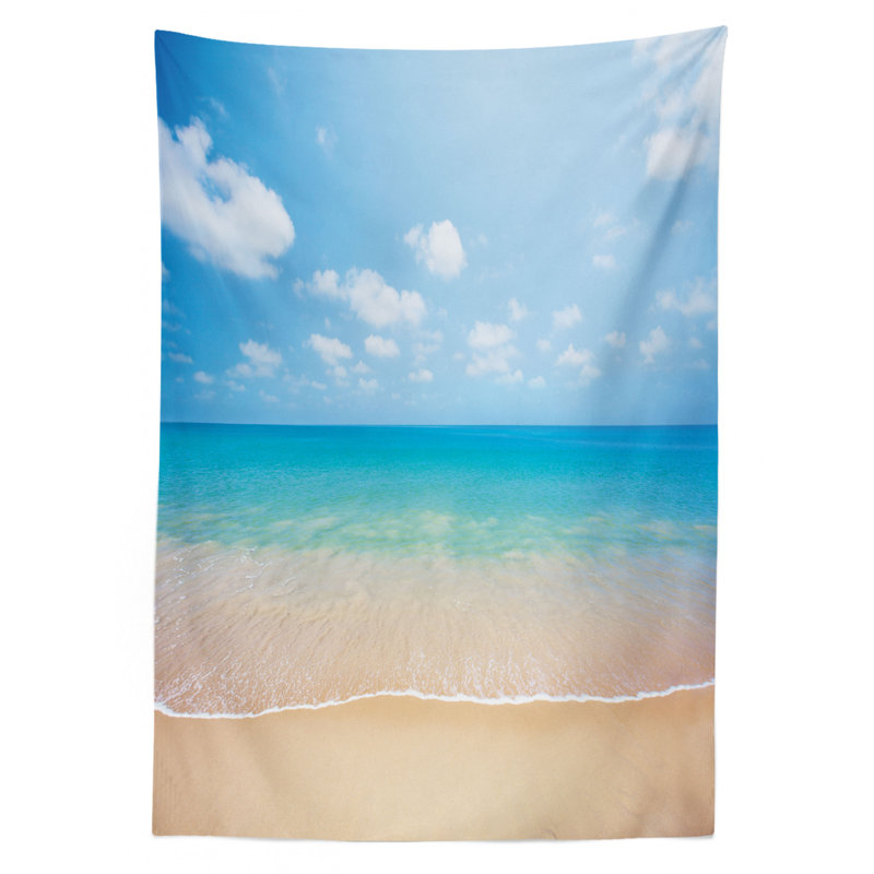 Ambesonne Ocean Tablecloth, Dreamy Hot Tropical Sea Coast With Soft Waves And Sunny Sky Landscape Nature Life, Rectangular Table Cover For Dining Room Kitchen Decor, 52" X 70", Cream Blue