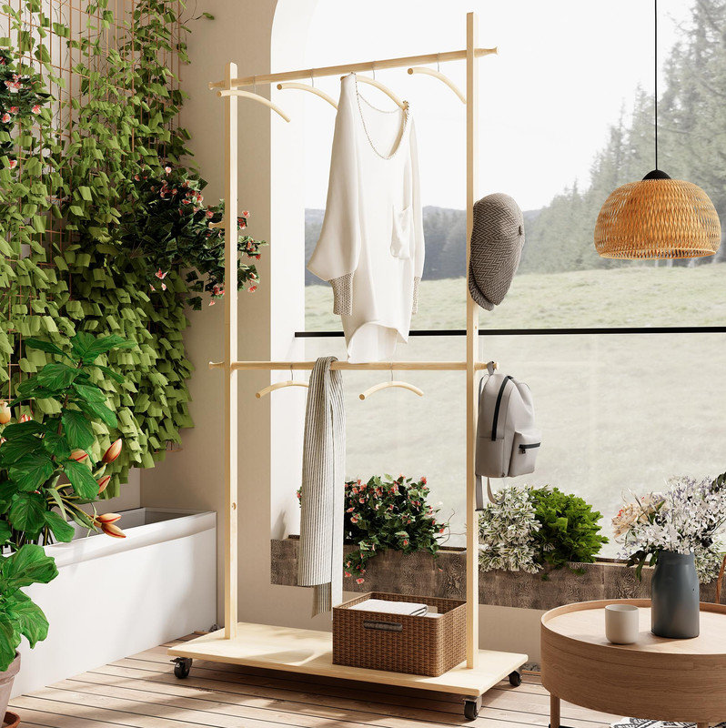 Séchoir à vêtements en bois - 6 cintres en bois, tablette réglable, roulettes, peu encombrant pour la chambre / le salon / le vestibule