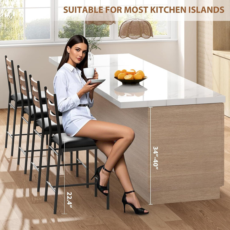 Bar Stools Set of 4, Upholstered Metal Dining Chairs Barstools, Wooden Back & Footrest, Counter Height Bar Stools for Kitchen Island Apartment