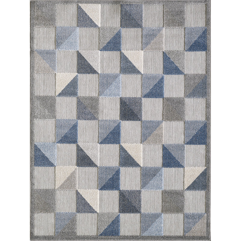 Tapis d'intérieur / extérieur à carreaux Hesselbein, Rectangle 6 pi 7 po x 9 pi, Bleu