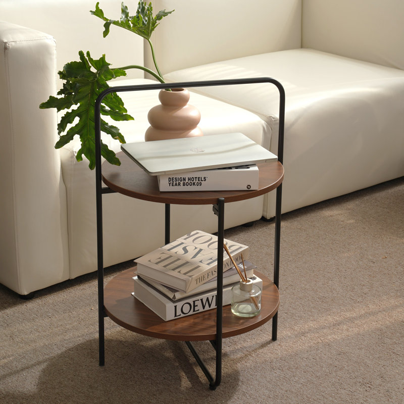 Table de bout ronde avec poignées pour le salon, la chambre à coucher et tablettes Mijas, Brown