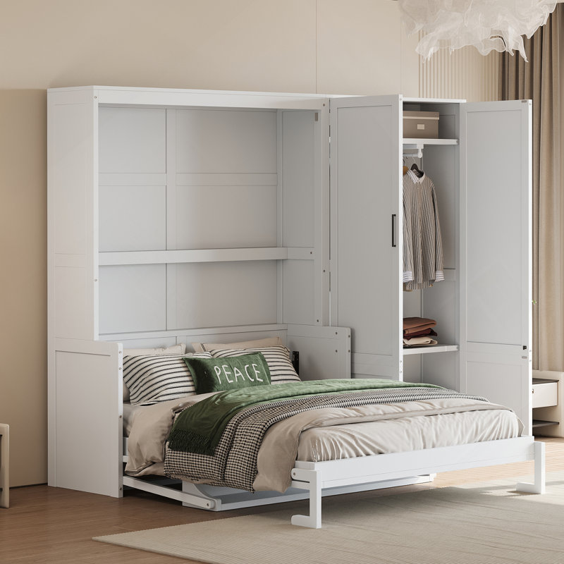 Grand lit escamotable avec placard, blanc