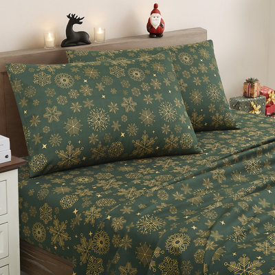 Ensemble de draps de vacances imprimés 4 pièces, facile à entretenir, literie des Fêtes douce et infroissable - flocons de neige, très grand