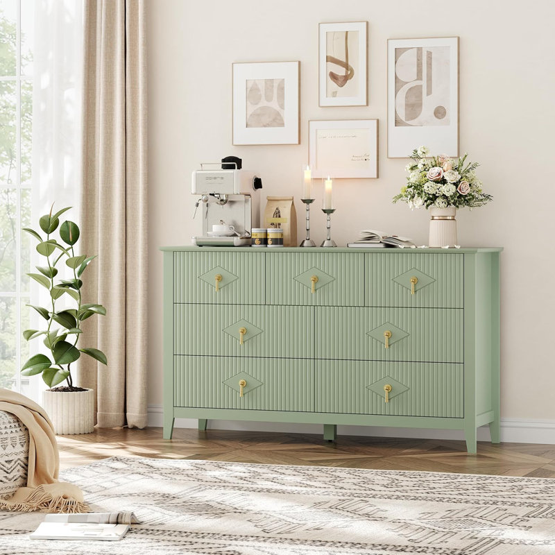 54-Inch Fluted Wood Dresser with 7 Drawers – Modern Storage Chest for Bedroom, Living Room, Hallway, Entryway, Black, Green
