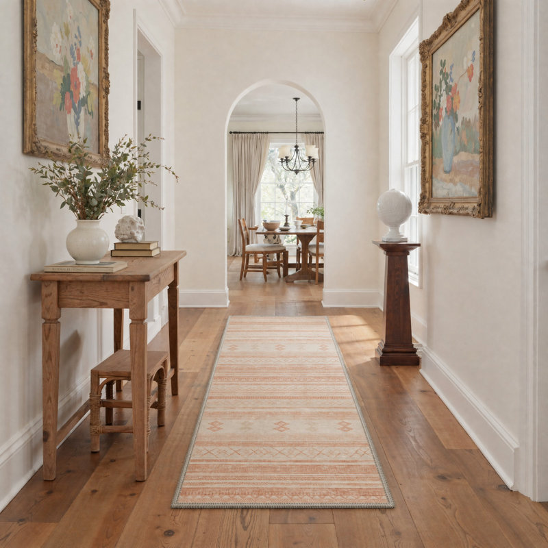 Tapis de couloir géométrique beige / rose lavable à la machine avec envers antidérapant, Tapis de couloir 2 pi 5 po x 8 pi