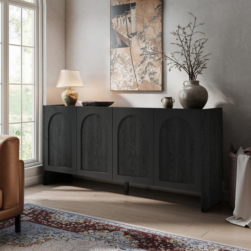 63" Arched Sideboard Cabinet with 4 Doors, Solid Wood Veneer Storage Credenza with Adjustable Shelves for Dining Room or Entryway , Black