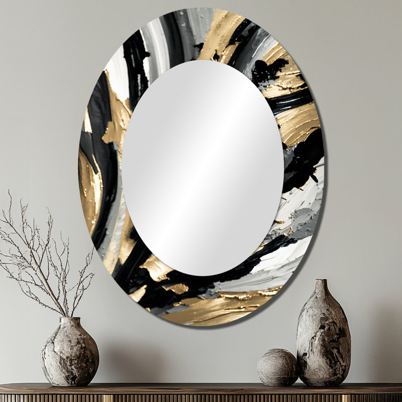 Rhythm Of Pleasure Abstract Black And Gold I - Large Oval Wall Mirror On Metal, 40" x 30"