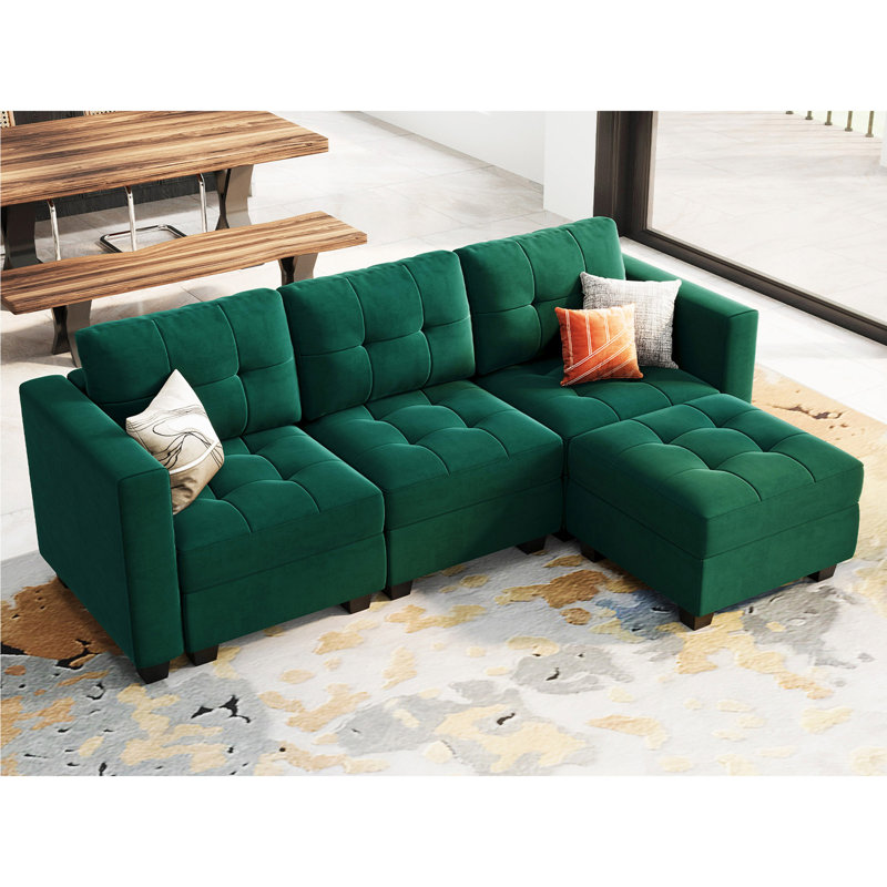 Soneson 17.7'' High Modern Tufted Upholstered Velvet Modular Sofa Couch with Storage Ottoman, Green Velvet