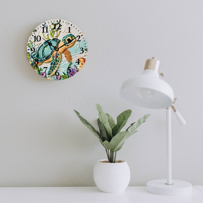 Horloge murale ronde 12 x 12 pouces, motif de tortue de mer, pour décor de chambre d'enfants et de bord de mer