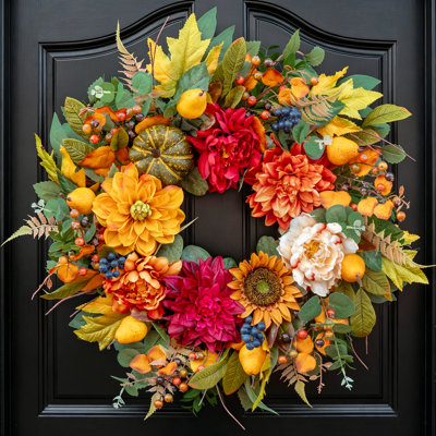 24" Large Harvest Wreath with Realistic Pears, Pumpkins & Sunflowers Autumn Fall Front Door Decor