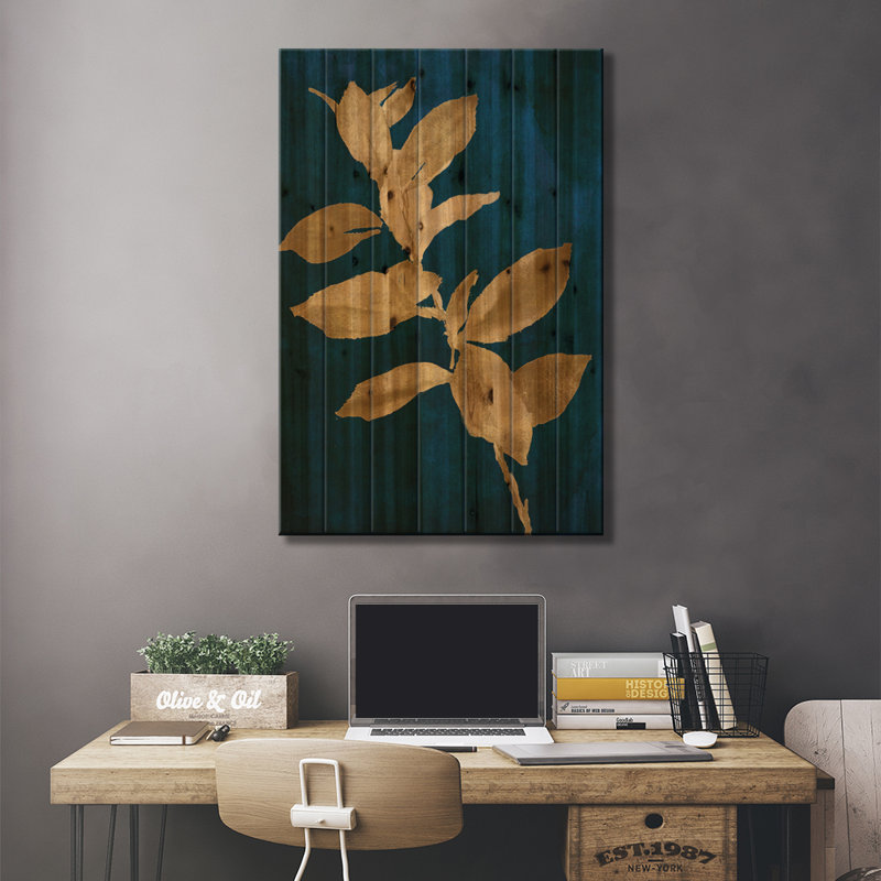 Feuilles d'or sur bleu marine IV, H 26 po x l 18 po x P 1,5 po
