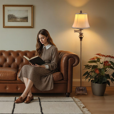 Lampe sur pied vintage pour salon, lampadaire traditionnel de style ferme avec bras articulé réglable à 350° pour chambre, lampadaire rustique pour la lecture, décoration intérieure et bureau, bronze doré