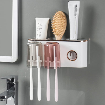 Toothbrush Holders Bathroom Decor With Toothpaste Dispenser, 2 Cups Toothbrush Holder Wall Mounted Bathroom Accessories -  Rebrilliant, 9BB2105CB7F24978A11FCA48FDA4832D