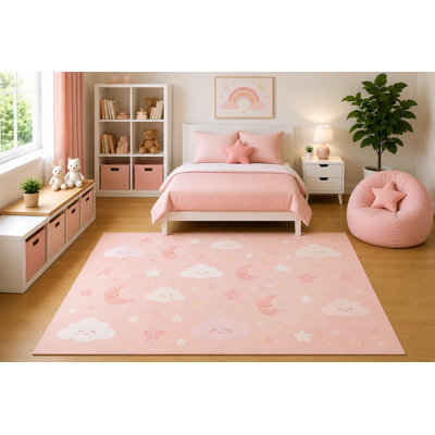 Tapis ultra-léger 152 x 213 cm (5' x 7') rose lune et étoiles, décoration céleste mignonne pour chambre de bébé ou salle de jeux, thème kawaii pastel, envers antidérapant en silicone, poils courts