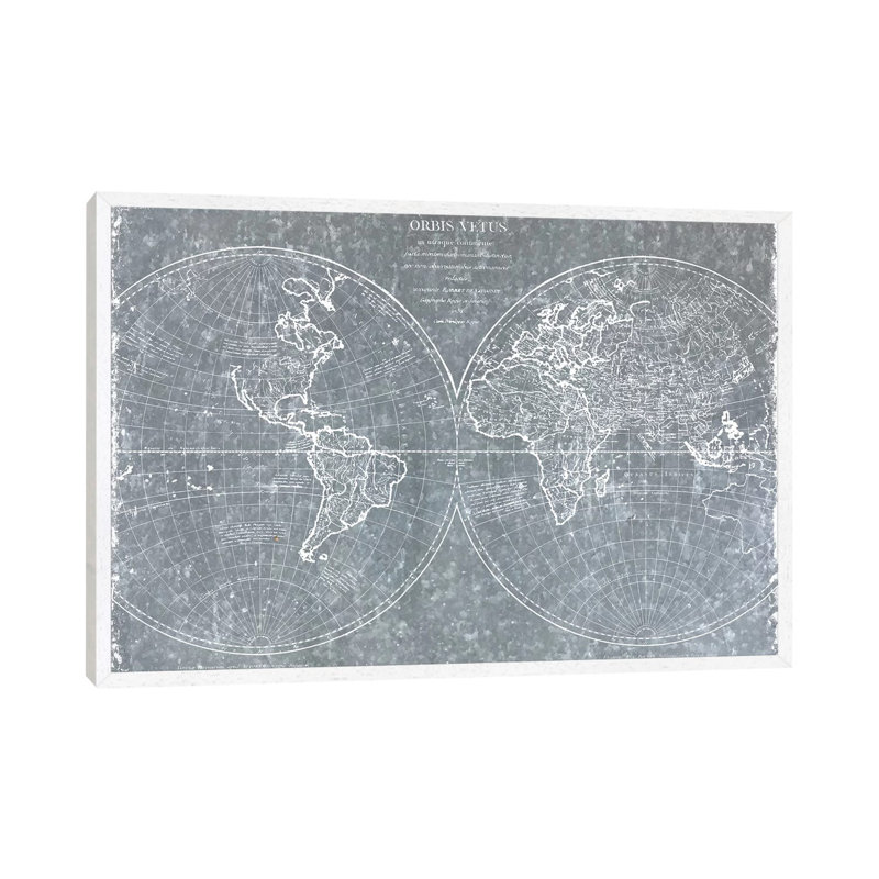 Galvanized World Map - Print on Canvas, 45.72cm H x 66.04cm W x 3.81cm D, White Framed