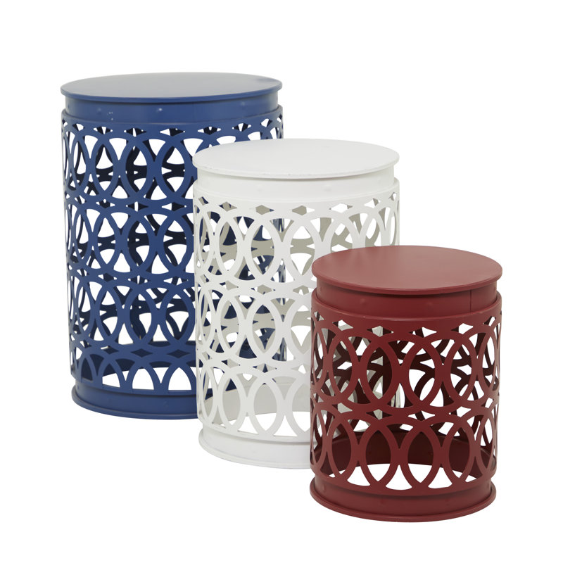 Metal Indoor Outdoor Nesting Side End Accent Table with Carved Trellis Design, Blue/White/Red
