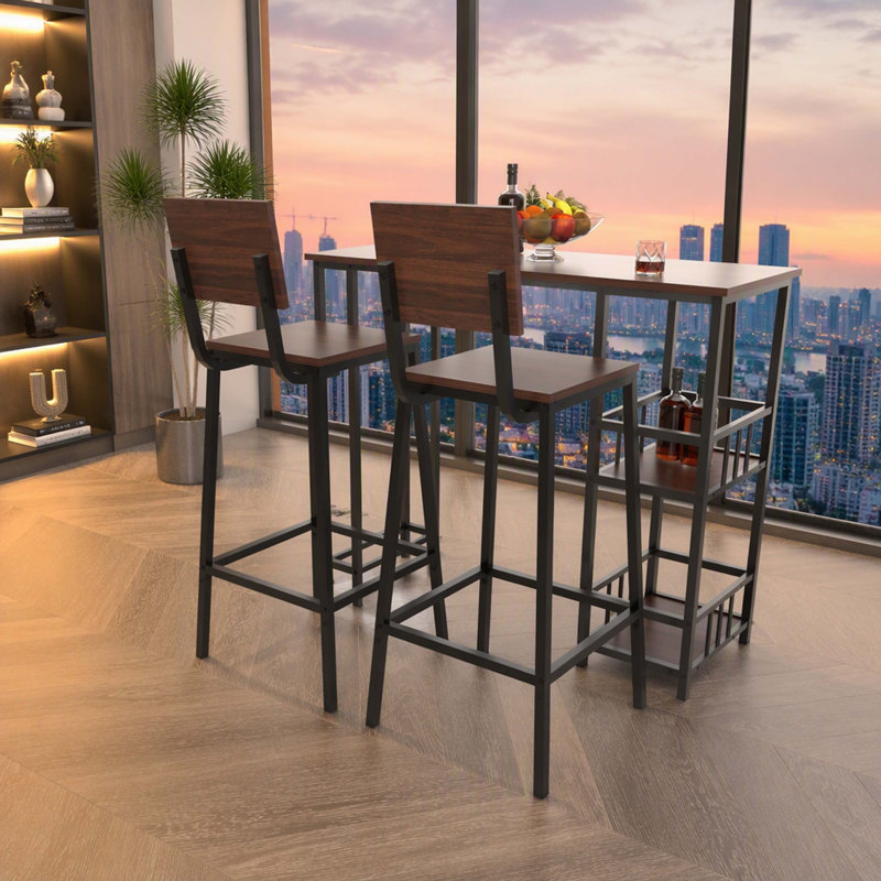 Ensemble de table haute de bar 3 pièces avec 2 tabourets de bar munis de dossiers, table haute rectangulaire intégrée avec étagères latérales à 2 niveaux, mobilier de bar de style industriel en bois pour balcon, cuisine et petit bar à domicile