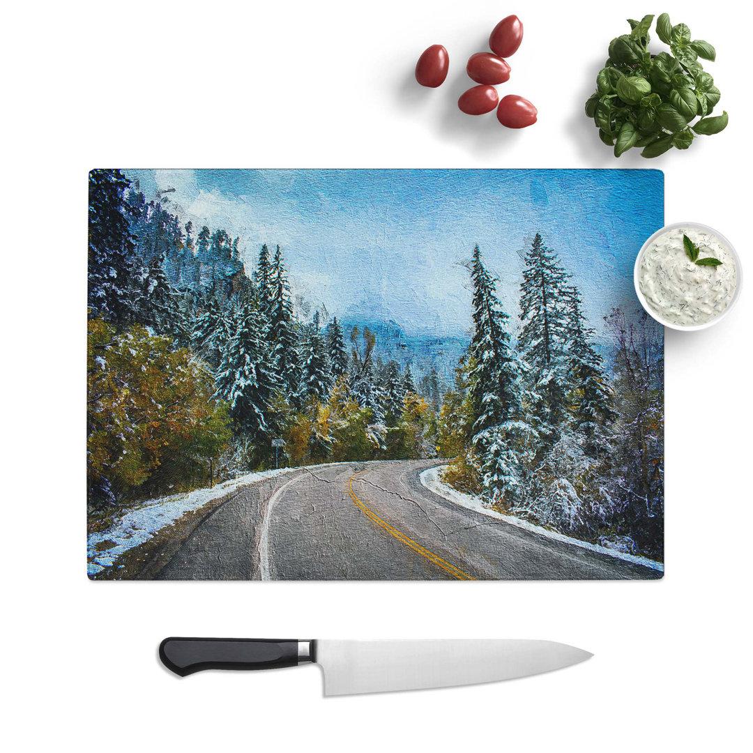 Tempered Glass Winter Forest Road Chopping Board