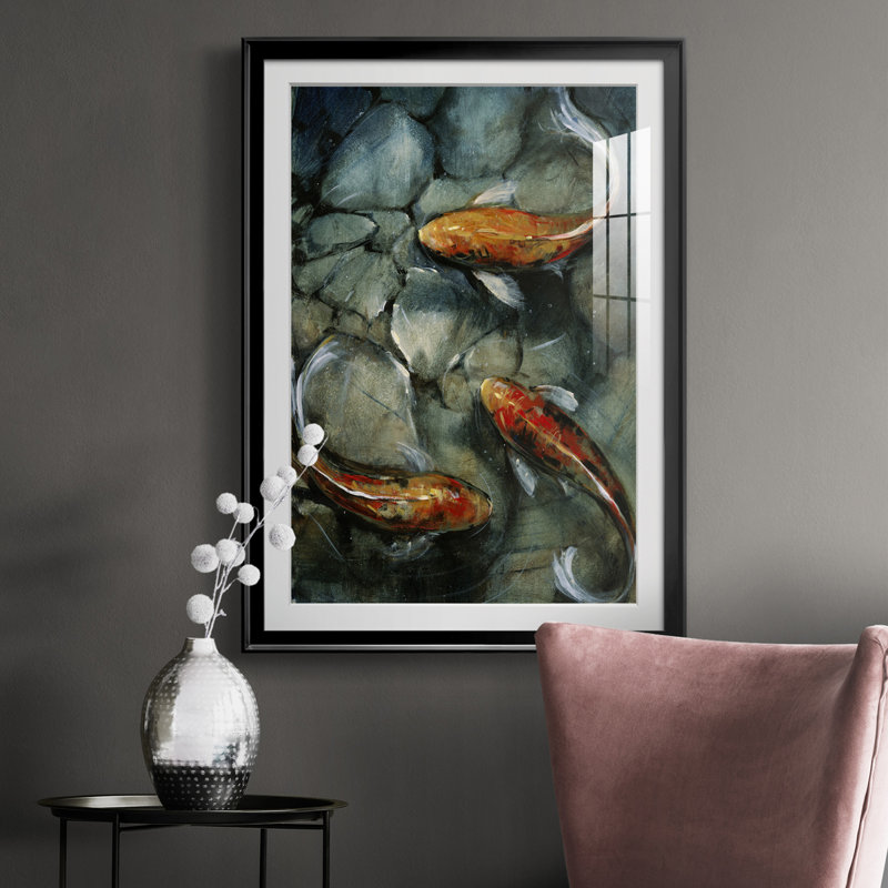 Tres Koi I, reproduction encadrée de qualité supérieure - prête à être accrochée, H 24,5 po x l 18,5 po x P 1 po, Noir