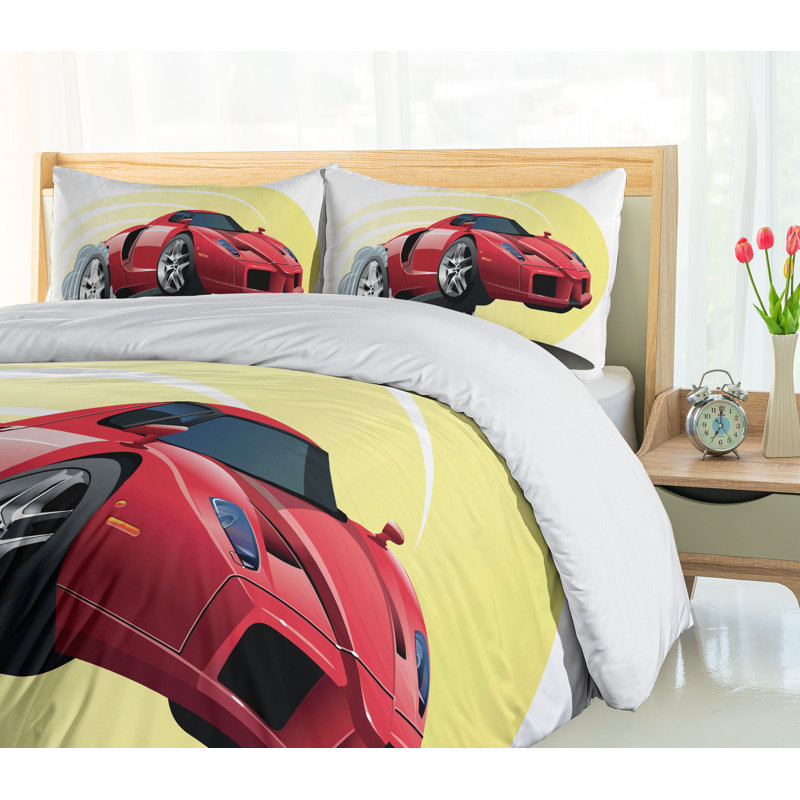 Red and Yellow Cartoon Car Queen Microfiber Duvet Cover Set