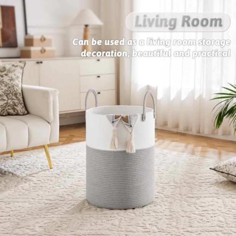 Laundry Basket,Woven Cotton Rope Laundry Hamper,60L For Decorative Storage Of Dirty Clothes,Toys And Blankets In Bathroom,Baby Room And Living Room