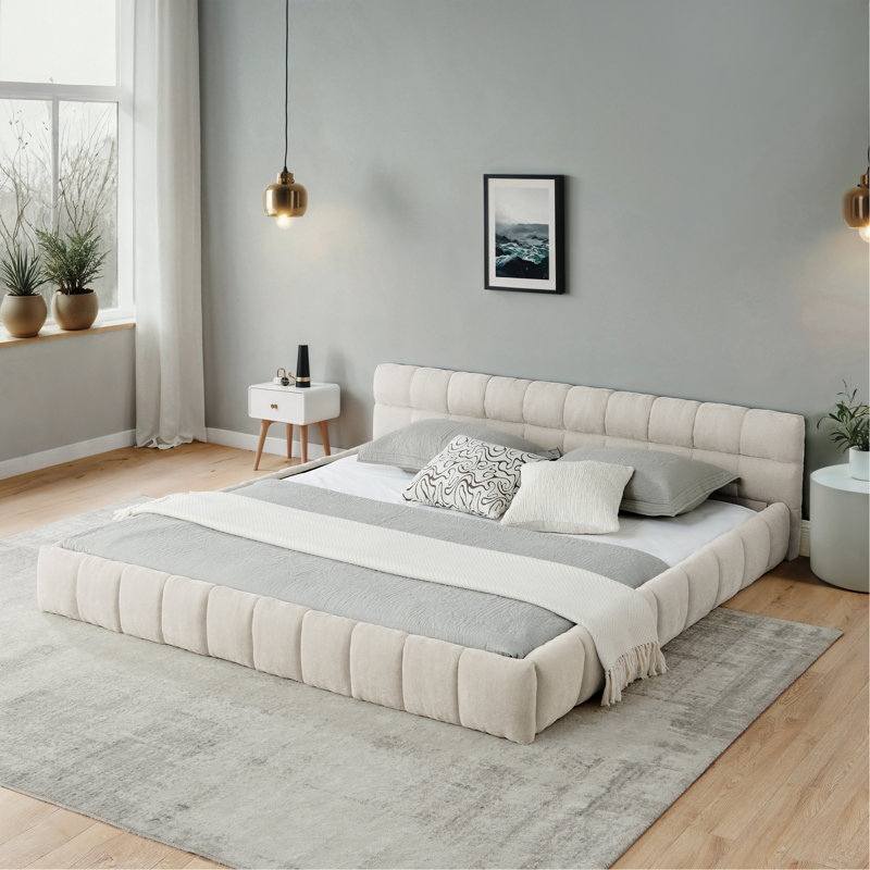 Upholstered Bed Frame with Thick Fabric Chenille Fabric Grounded Platform Bed with Headboard and Solid Frame No Box Spring Needed