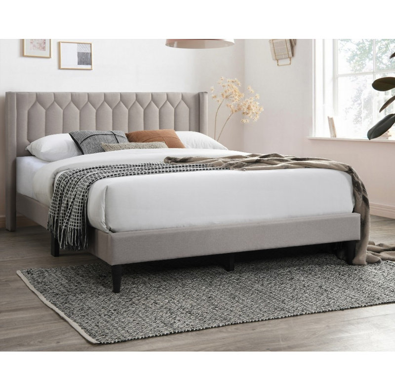 Structure de lit moderne grand avec toile de jute brun clair et motif à losanges unique, aucun sommier requis, support robuste