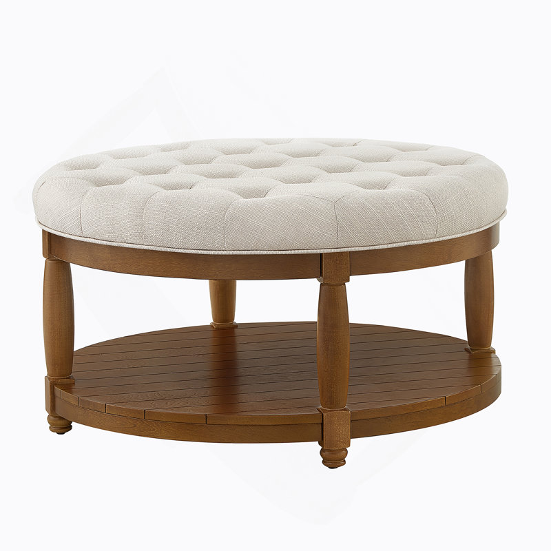 Repose-pieds rond capitonné, petite table basse rembourrée, repose-pieds intérieur avec tablette de rangement, Brun, Beige