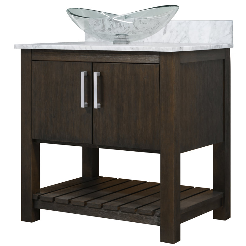 Meuble-lavabo de 30 po avec comptoir en marbre de Carrare et lavabo, quincaillerie en nickel brossé, Nickel brossé