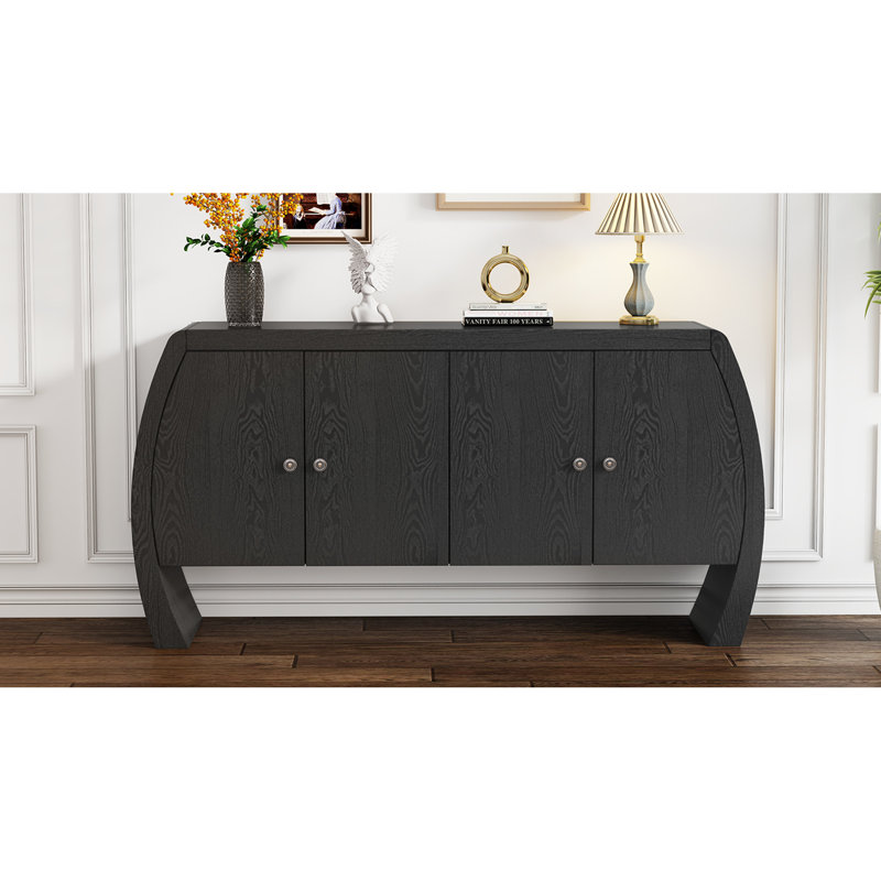 Élégant rangement à quatre portes avec placage en frêne et tablettes modernes avec pieds courbés, Noir
