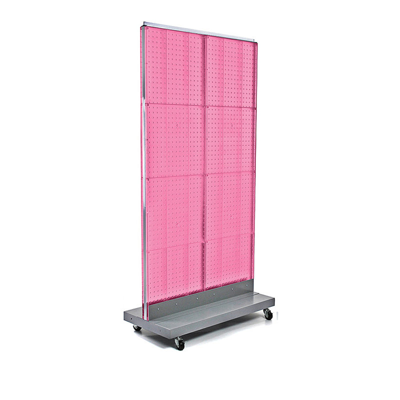 Two-Sided Double Pegboard Floor Display on Wheeled Base. Combined Panel Size: 32"W x 60"H
