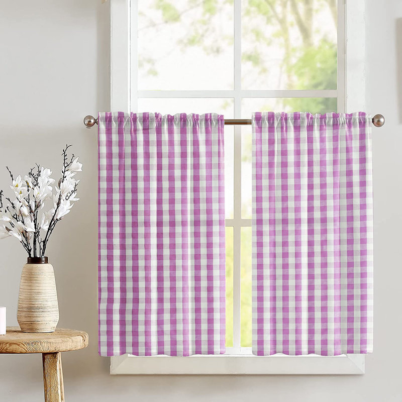 Pink Cotton Gingham Checkered Kitchen Tier Curtains, 36" Tall