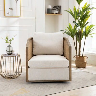 360 Degree Swivel Boucle Swivel Barrel Chair with Rattan Arm